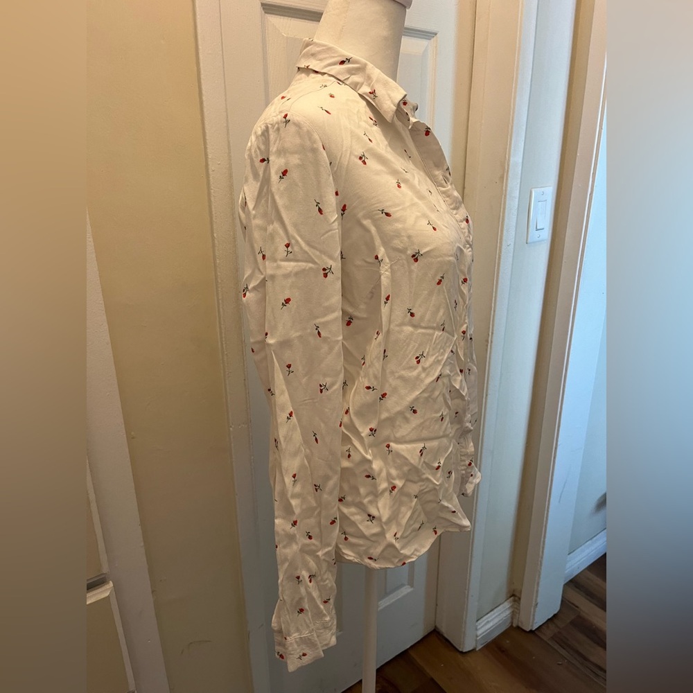 White Button-Up Shirt with Red Floral Print